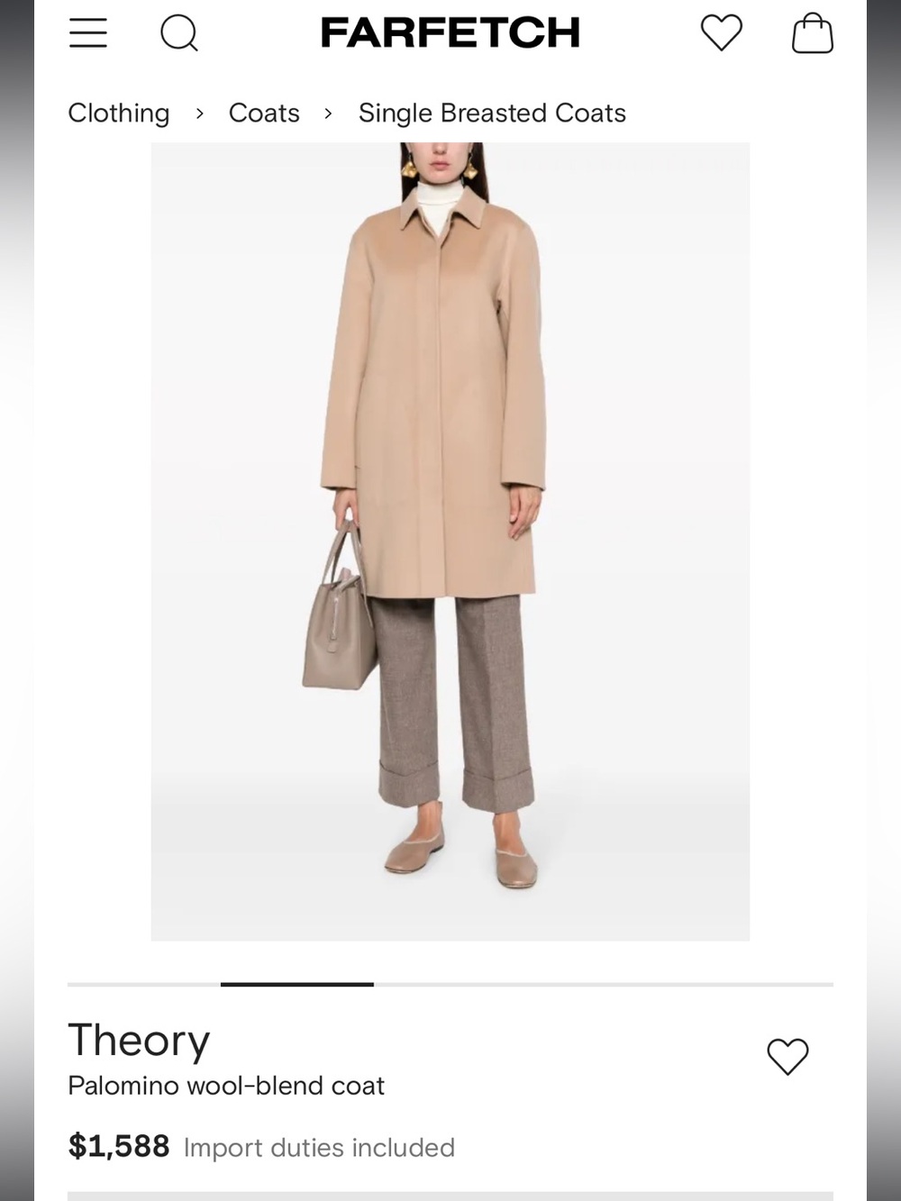 Theory Beige Single-Breasted Wool& cashmere Pea Coat size Medium